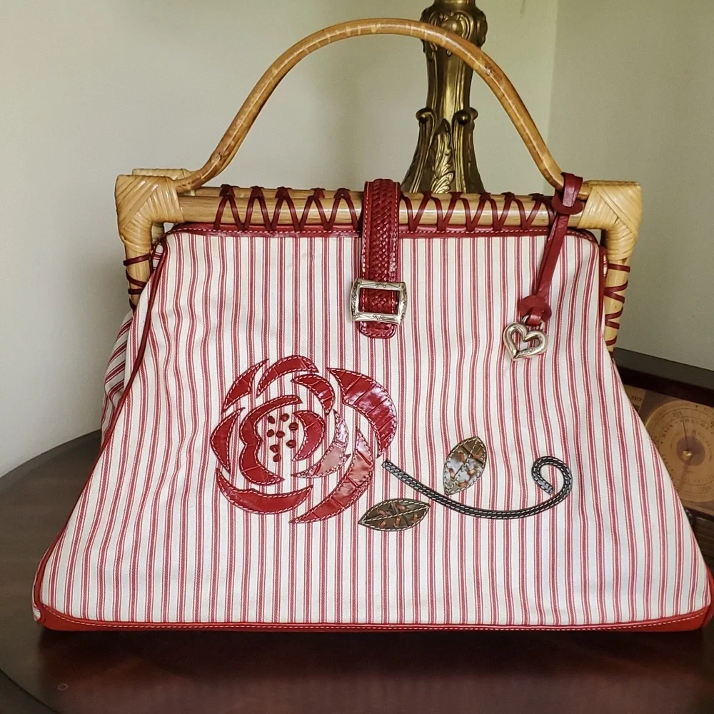 Brighton Bamboo Handle Doctor Bag Candy Stripe Red Rose Vintage Retro Style - Picture 2 of 13